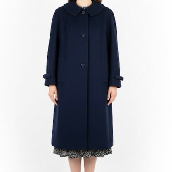Vintage Halldon Ltd. Wool Coat Navy Blue Peter Pan Collar Sleeve Bows Size M - Picture 1 of 16